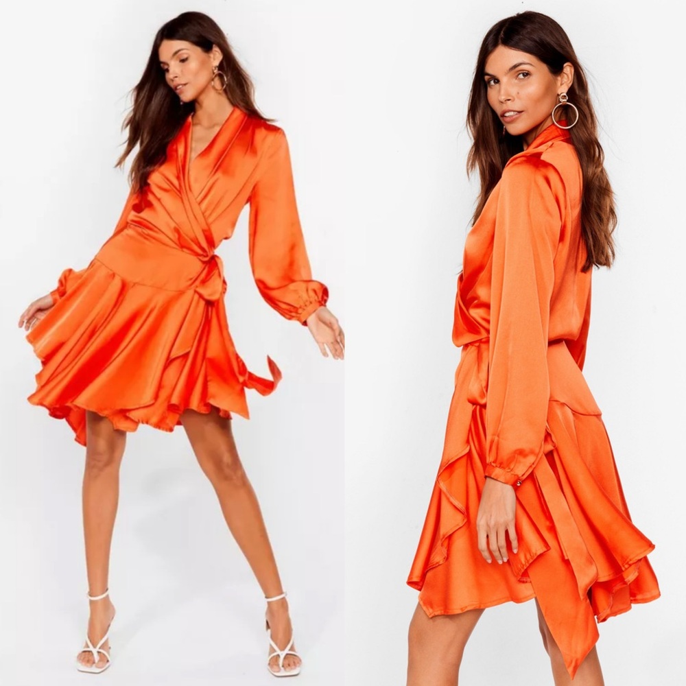 Nasty Gal Hey Girl What's Satin-Ing Wrap Dress in Orange Size 18
